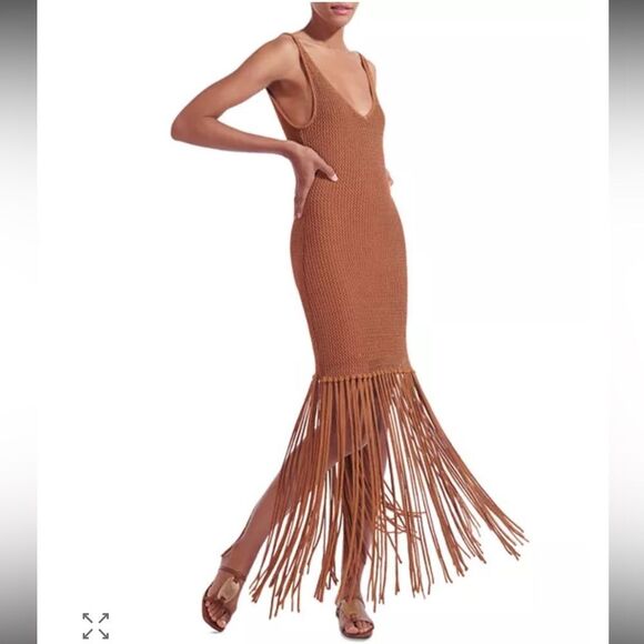 NWT STAUD Cossette Crochet Fringe MIDI Dress Brown Large